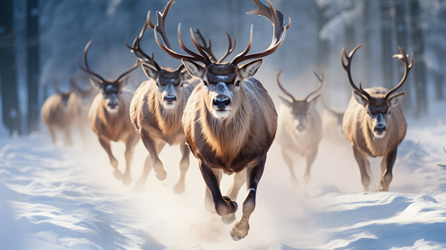 herd of deer running in the snow in a forest Generative AI