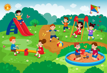 Children park. Kids playground. Little people playing in garden. Swing and sandbox. Summer cute boy and girl walking in nature. Kindergarten leisure. Vector cartoon tidy illustration