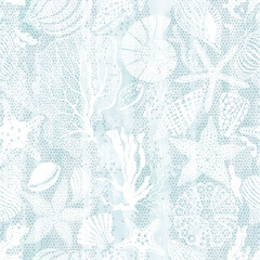 Sea. Art seamless pattern on the marine theme with underwater plants,starfish, seashells on blue watercolor background. Vector. Perfect for design templates, wallpaper, wrapping, fabric and textile. - 648028452