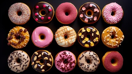 Generative AI, Assorted colorful glazed donuts with sprinkles, sweet baked dessert