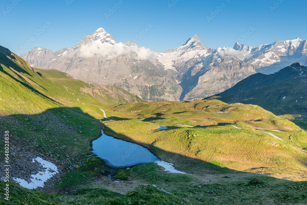 Wall mural panorama of mt. schreckhorn and wetterhorn. popular tourist attraction. dramatic and picturesque sce