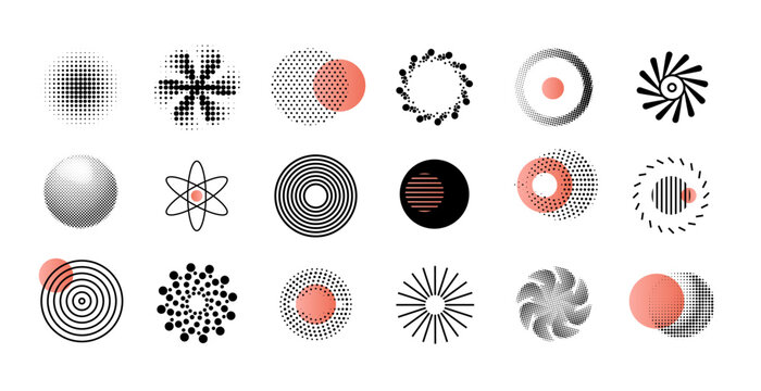 Abstract patterns. Geometry logo design with lines and dots. Geometric flat shapes. Graphic circular icons. Circles collage symbols. Silhouette star forms. Vector exact elements set