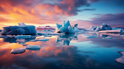 arafed icebergs floating in a body of water with a sunset in the background Generative AI