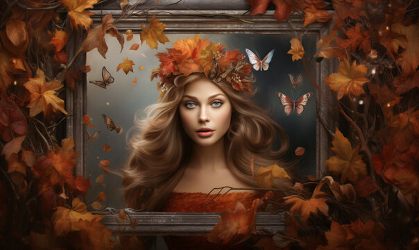 An enchanting muse looks down from the painting which is decorated with autumn golden leaves and flying butterflies. digital AI