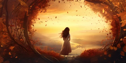 Papier Peint photo Lavable Brun A charming view of an autumn landscape with falling orange leaves and a girl looking into the distance. digital AI