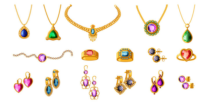Gold jewellery. Old ring and elegant necklace. Antique crown with ruby or sapphire. Precious gem pendant. Expensive earrings with diamonds. Jewel bracelet. Vector luxury accessories set
