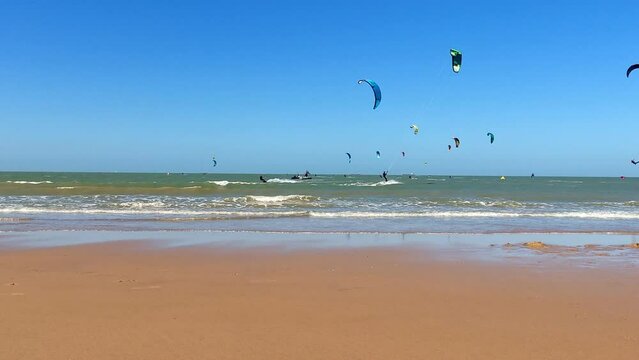 Lowangle view from the beach at kitesurfers at sea on a sunny summerday