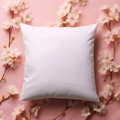 Pink Cherry blossom sakura flowers and satin cloth White blank throw square pillow mockup product photography flat lay