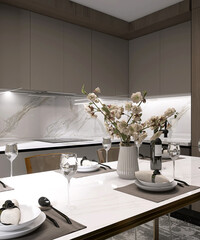 Elegant, luxury dining marble table, white tableware, napkin, bouquet, acrylic chairs in sunlight from window on splash back, beige cabinet kitchen for interior design decoration background 3D