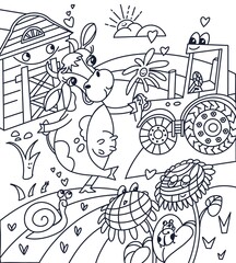 Funny cute cow with tractor in farm. Coloring page. Black and white illustration for book, outline. Hand drawn cartoon character. 