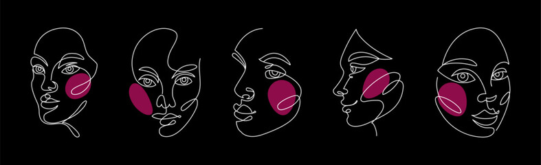 Line faces. Outline female heads. Minimal poster, card or print. Hand drawn continuous one line drawing. Girls abstract portrait. Beautiful woman profile avatar. Vector isolated illustration