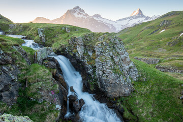 Panorama of Mt. Schreckhorn and Wetterhorn. Popular tourist attraction. Dramatic and picturesque...