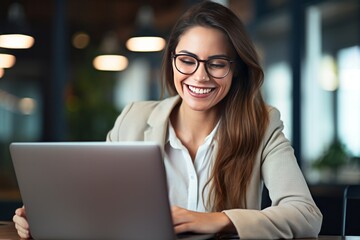 Young Happy Businesswoman Using Computer in Modern Office. Stylish Beautiful Manager Smiling, Working on Financial and Marketing Projects (generative ai) - obrazy, fototapety, plakaty