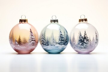 Watercolor glass Christmas Baubles clip art with soft winter landscape and fir trees inside Generative AI