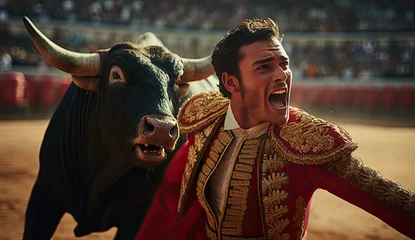 Fototapeten Bullfight in Spain. Spanish bullfighter in the bullfighting arena. Spanish bullfighting bull and matador © Sattawat
