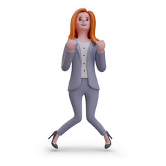 Happy female jumping and enjoying success at work. 3d realistic model of young employee in office clothes. Vector illustration in cartoon style in orange and gray colors