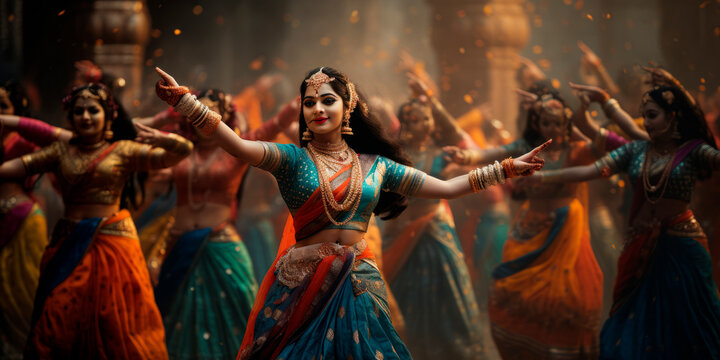 a group of women reenacting the divine dance of Krishna and the gopis, Ras Lila Dance. AI generative.