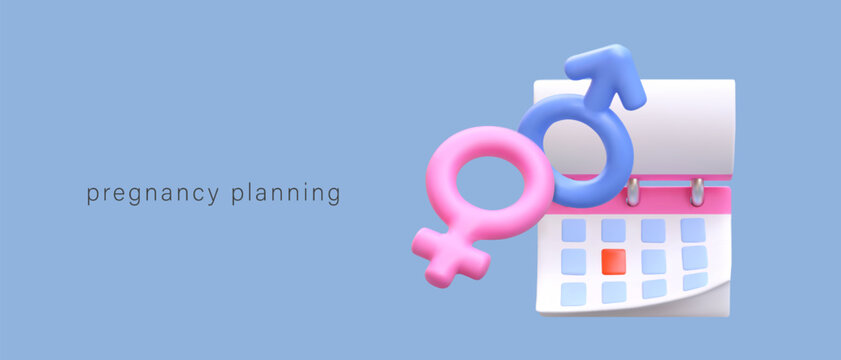 Pregnancy planning calendar. Tracking days of ovulation. Best time for fertilization. Days of enhanced fertility. Commercial banner in cartoon style, place for text
