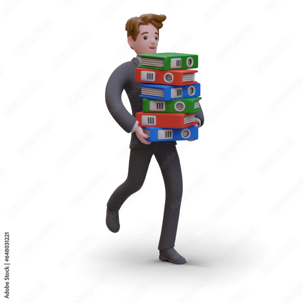 Aufkleber man in suit carries stack of binder folders. overload. fast execution of work. processing of archiva