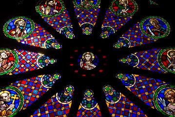 Rose wheel window of the West façade of the Lisbon Saint Mary Cathedral. Taken in Portugal in Septembre 2023.
