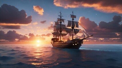 Ship and sunset sky - 3d landscape scene .