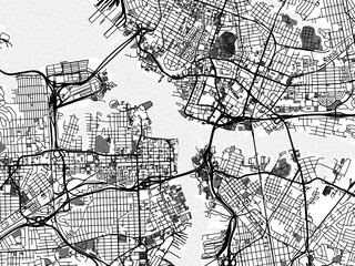 Fototapeta na wymiar Greyscale vector city map of Norfolk - Portsmouth Center Virginia in the United States of America with with water, fields and parks, and roads on a white background.