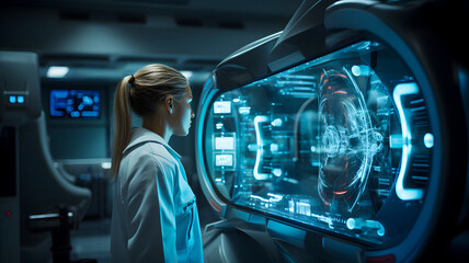 woman in white lab coat looking at a large screen in a room Generative AI