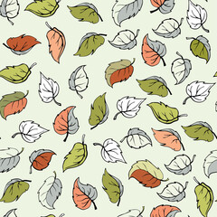 Flat colorful leaves seamless pattern vector. Abstract branches floral background illustration. Wallpaper, background, fabric, textile, print, wrapping paper or package design.