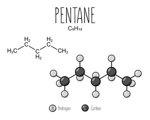 Pentane skeletal structure and flat model representation, isolated on a blank background. Vector editable