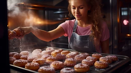 Foto op Plexiglas arafed girl in an apron sprinkles sugar on a tray of donuts Generative AI © Bipul