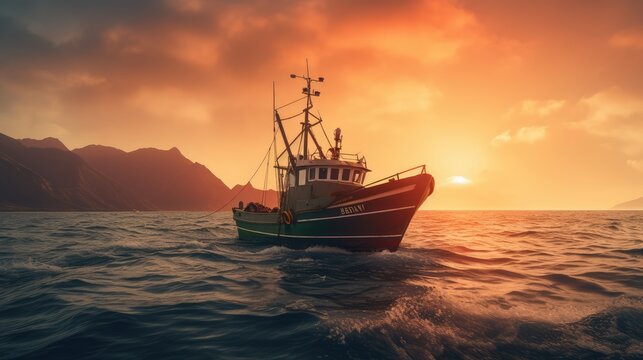 Fishermen on a boat in the middle of the sea, AI generated Image