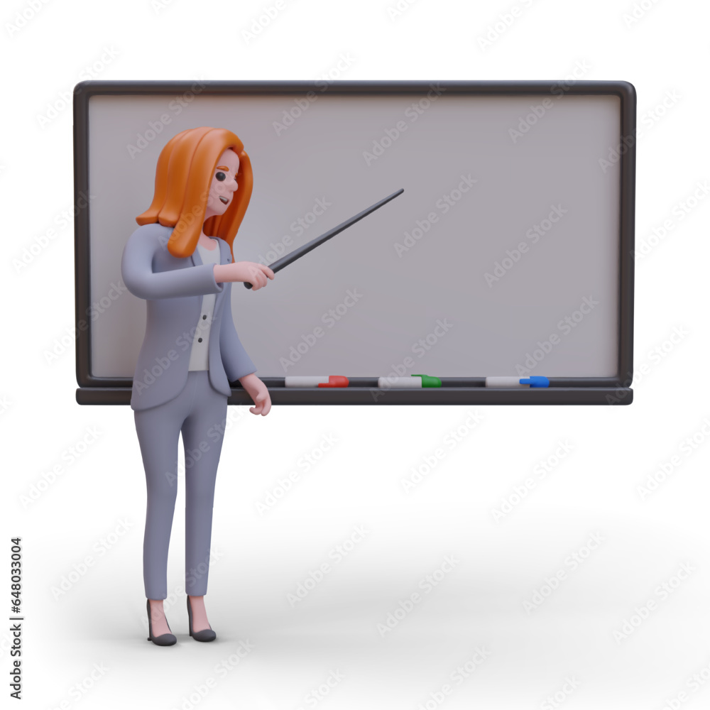 Poster presentation. woman with pointer stands near blackboard. female character points to empty board. tem