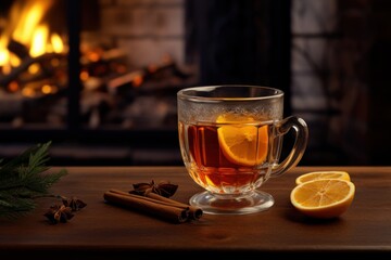 Mulled cider glasses near fireplace