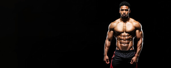 Fototapeta na wymiar African american male fitness model, trainer isolated on black background with a place for text
