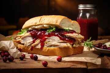 Homemade leftover thanksgiving day sandwich with turkey - obrazy, fototapety, plakaty