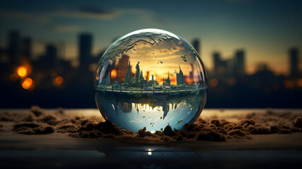 Fototapeta na wymiar glass ball with a city in it on the ground Generative AI