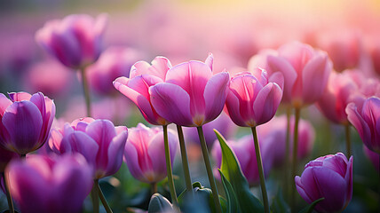 purple tulips in a field of pink flowers with the sun shining Generative AI