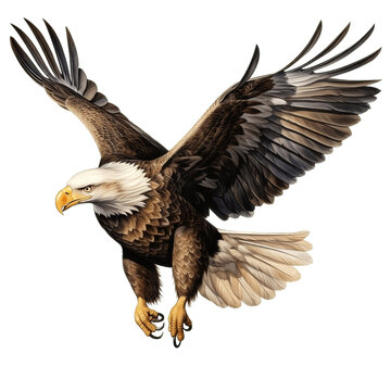 Eagle in flight, shadowless, super detailed, sharp, whole image, highest resolution, realistic on a white