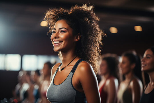 Diverse group participates in invigorating step aerobics class at a sleek fitness club 