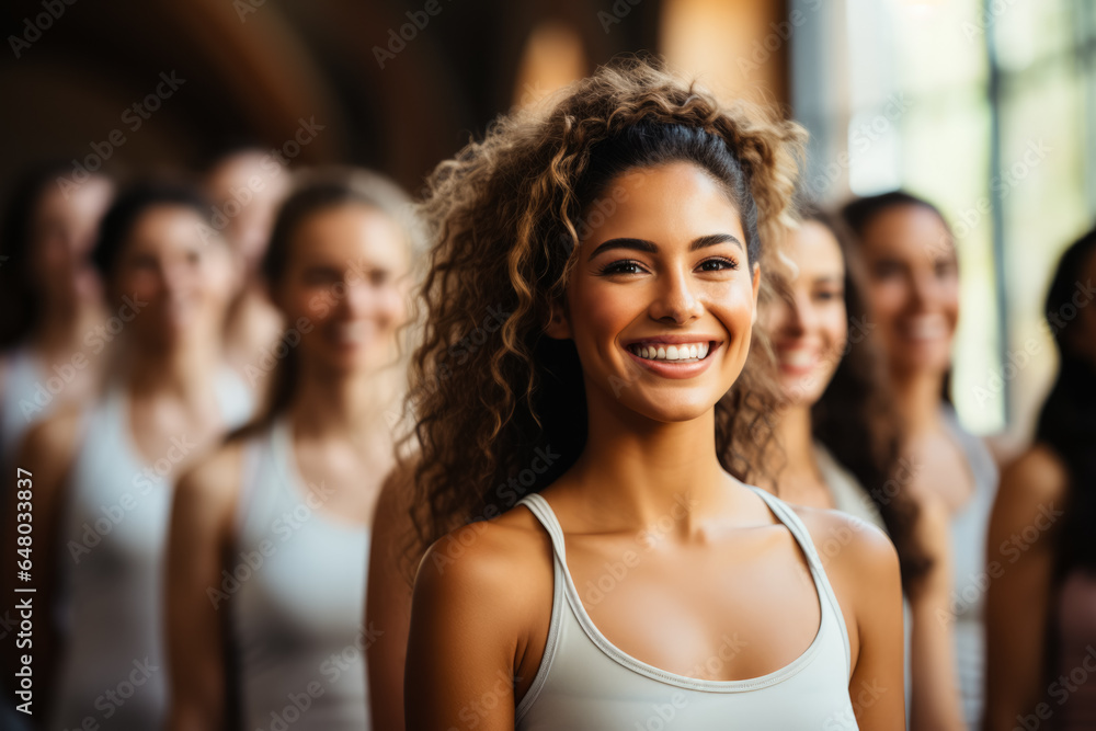 Poster diverse group participating in aerobics class background with empty space for text