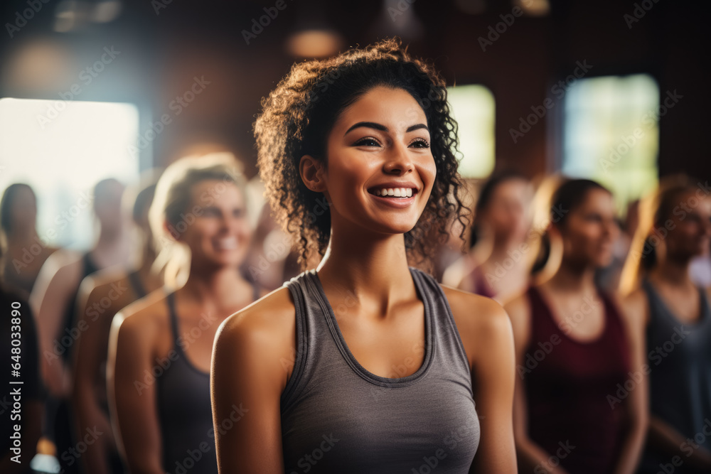 Aufkleber diverse group participating in aerobics class background with empty space for text