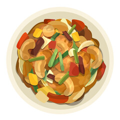 Stir-fried Chicken with Cashew Nuts Illustration. Thai Cashew Nuts Chicken. Top View Thai Food Illustration Vector.