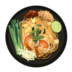 Pad Thai Illustration. Top View Thai Food Illustration Vector. - obrazy, fototapety, plakaty