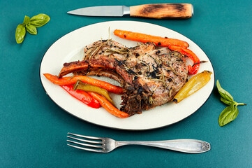 Roasted pork tomahawk steak, BBQ.