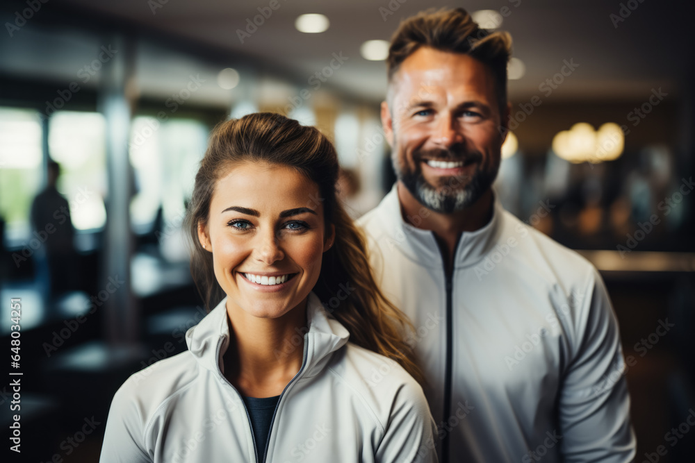Poster personal trainer instructing at fitness club background with empty space for text