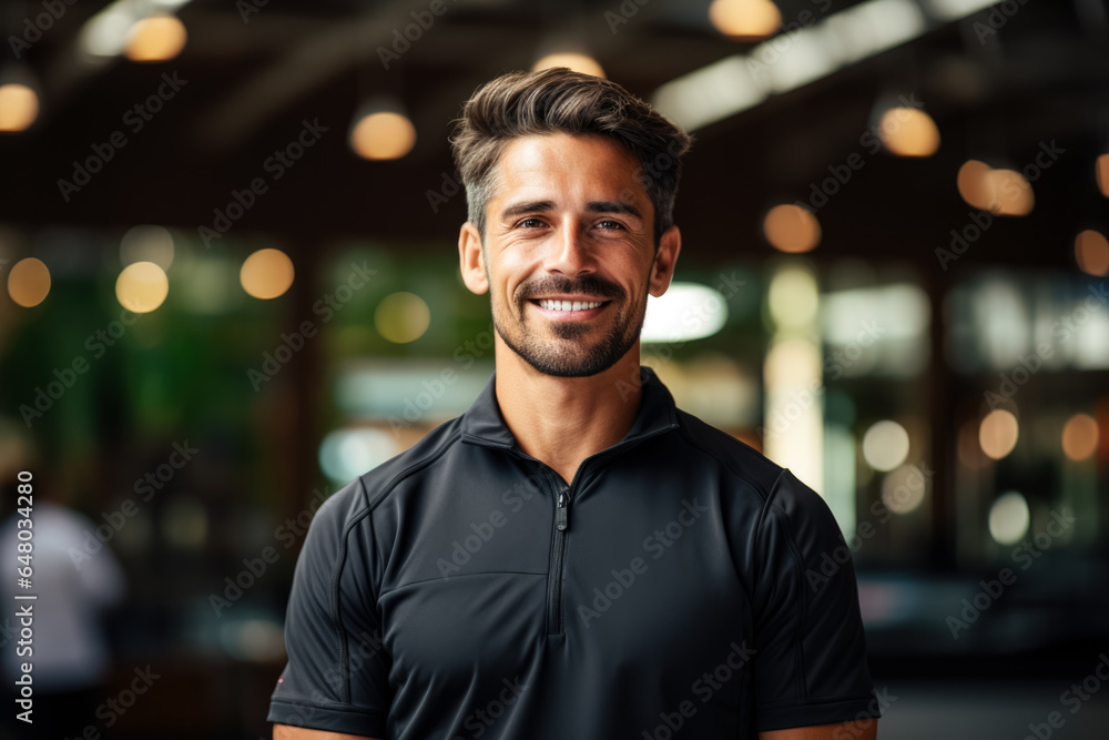 Poster personal trainer instructing at fitness club background with empty space for text