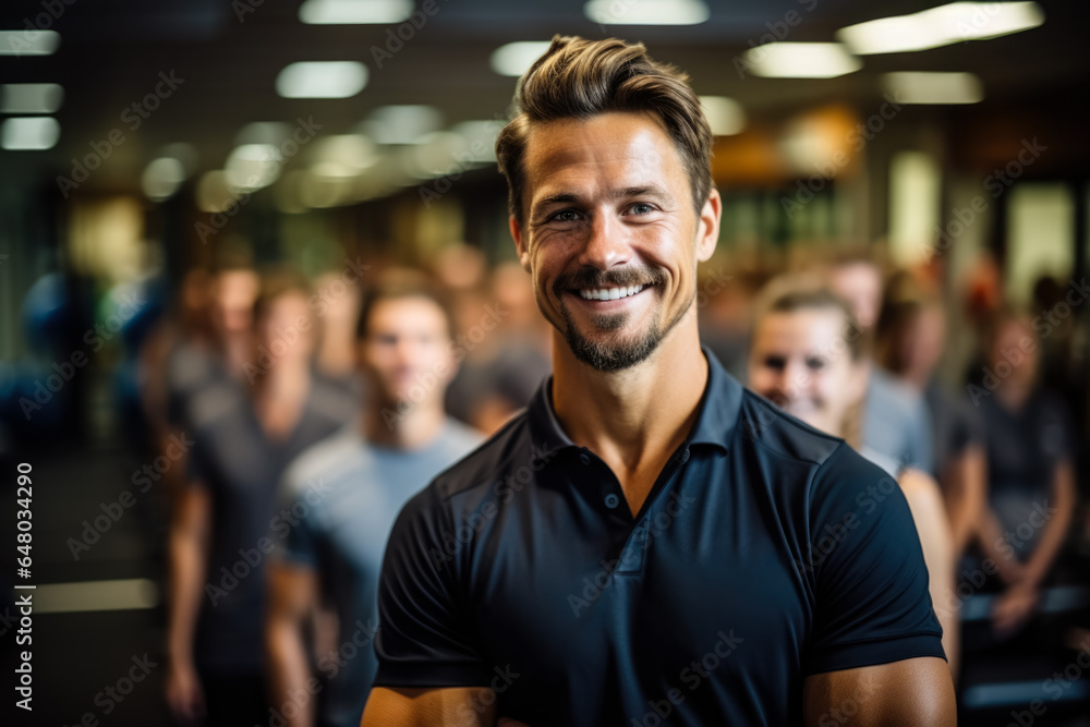 Poster personal trainer instructing at fitness club background with empty space for text