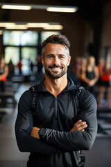 Obraz premium Personal trainer instructing at fitness club background with empty space for text 