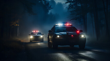 two police cars driving down the road in the fog Generative AI