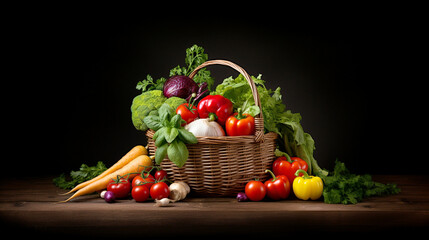 fresh vegetables greens in a basket on a dark background. Generative Ai